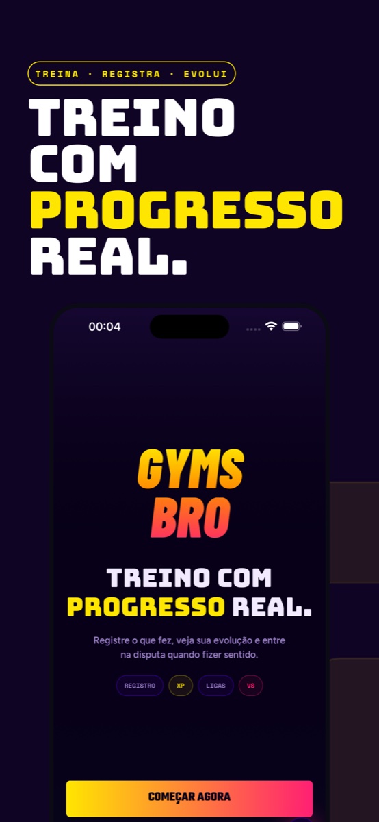 Tela inicial do GymsBro mostrando treino com progresso real